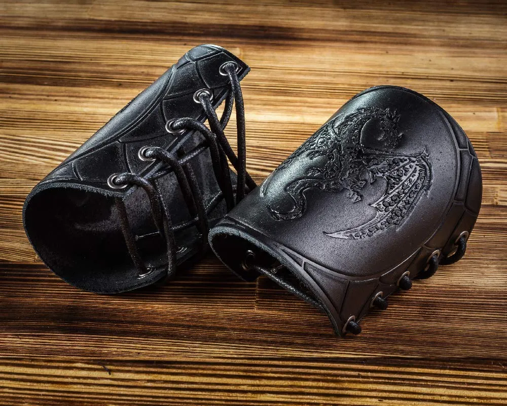 100% Genuine Leather Handmade Wrist Cuffs Bracers - LARP Gauntlet - Real Leather Wristbands - LARP Accessories Viking Cosplay Armor Bracelet – Dragon Embossing Archery Armguard 5" 130drhh…