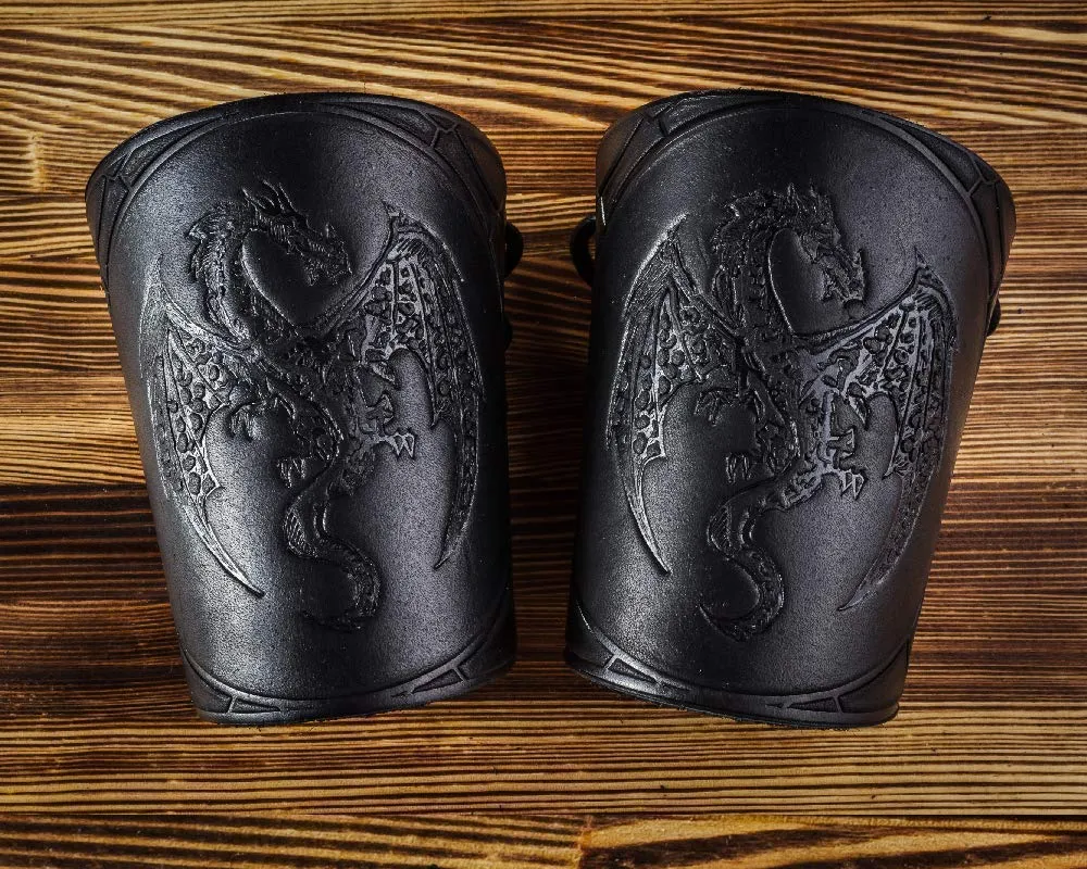 100% Genuine Leather Handmade Wrist Cuffs Bracers - LARP Gauntlet - Real Leather Wristbands - LARP Accessories Viking Cosplay Armor Bracelet – Dragon Embossing Archery Armguard 5" 130drhh…