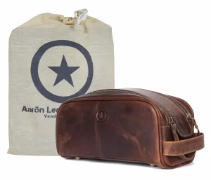 10" Premium Leather Toiletry Travel Pouch With Waterproof Lining | King-Size Handcrafted Vintage Dopp Kit By Aaron Leather Goods (Chocolate)