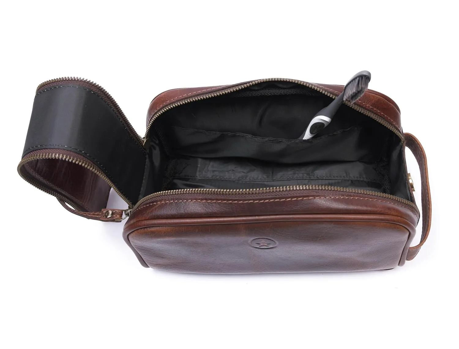 10" Premium Leather Toiletry Travel Pouch With Waterproof Lining | King-Size Handcrafted Vintage Dopp Kit By Aaron Leather Goods (Chocolate)