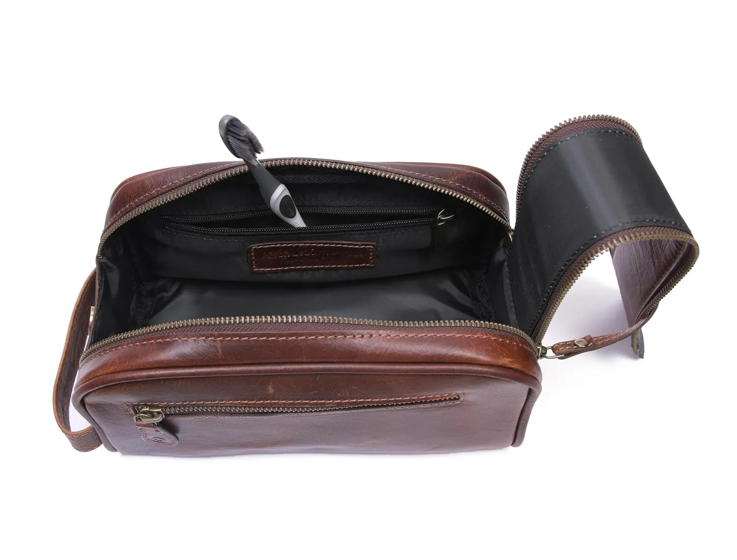 10" Premium Leather Toiletry Travel Pouch With Waterproof Lining | King-Size Handcrafted Vintage Dopp Kit By Aaron Leather Goods (Chocolate)
