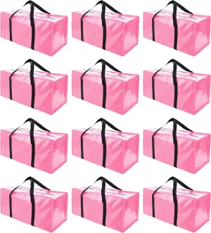 12 Pack Extra Large Moving Bags with Zippers & Carrying Handles, Heavy-Duty Storage Tote for Space Saving Moving Storage, Fold Flat, Alternative to Box and Bin,Pink