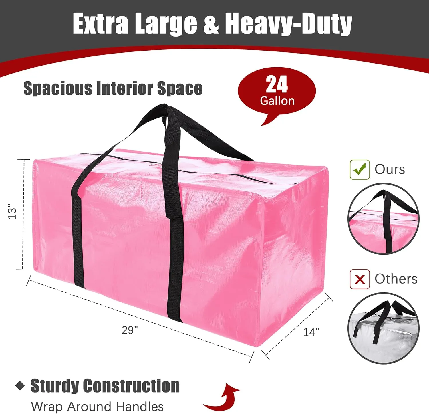 12 Pack Extra Large Moving Bags with Zippers & Carrying Handles, Heavy-Duty Storage Tote for Space Saving Moving Storage, Fold Flat, Alternative to Box and Bin,Pink