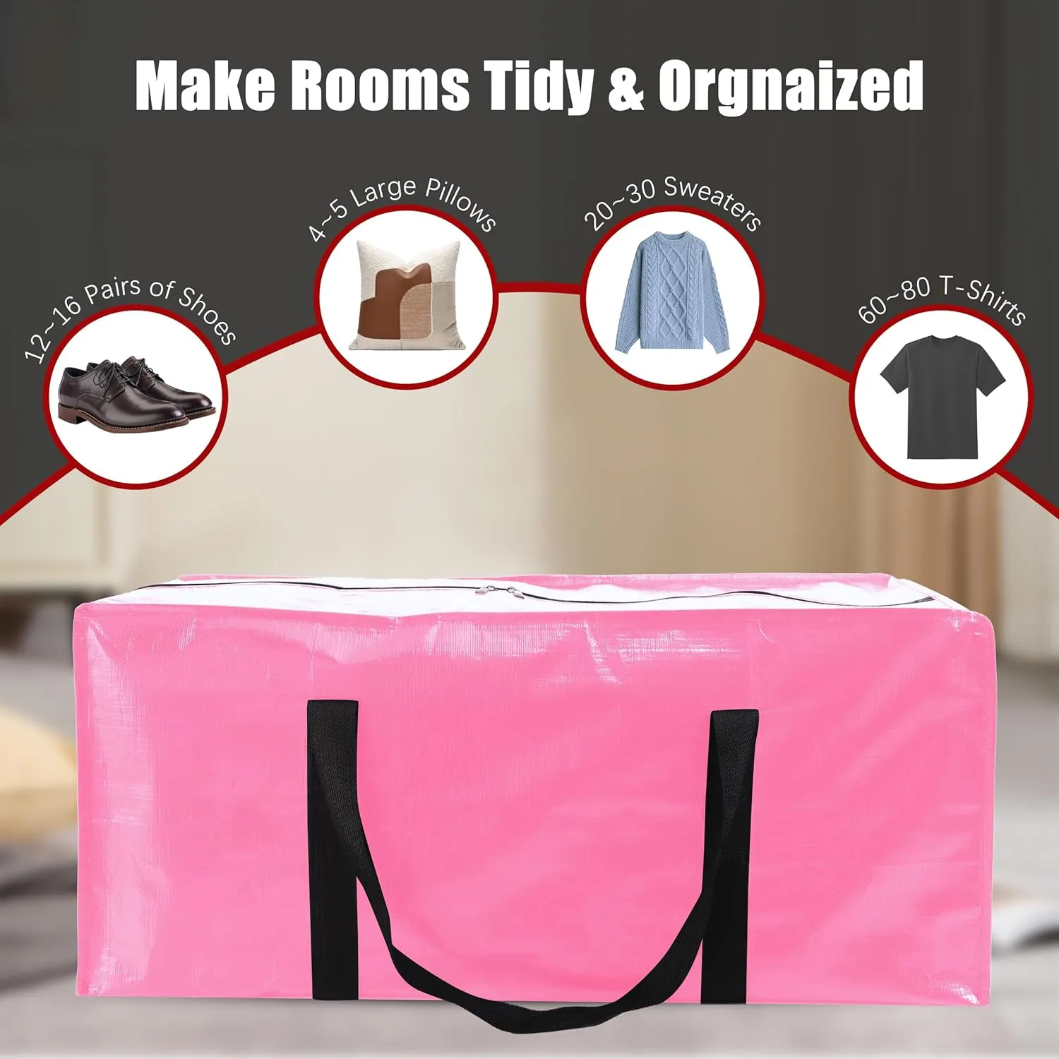 12 Pack Extra Large Moving Bags with Zippers & Carrying Handles, Heavy-Duty Storage Tote for Space Saving Moving Storage, Fold Flat, Alternative to Box and Bin,Pink