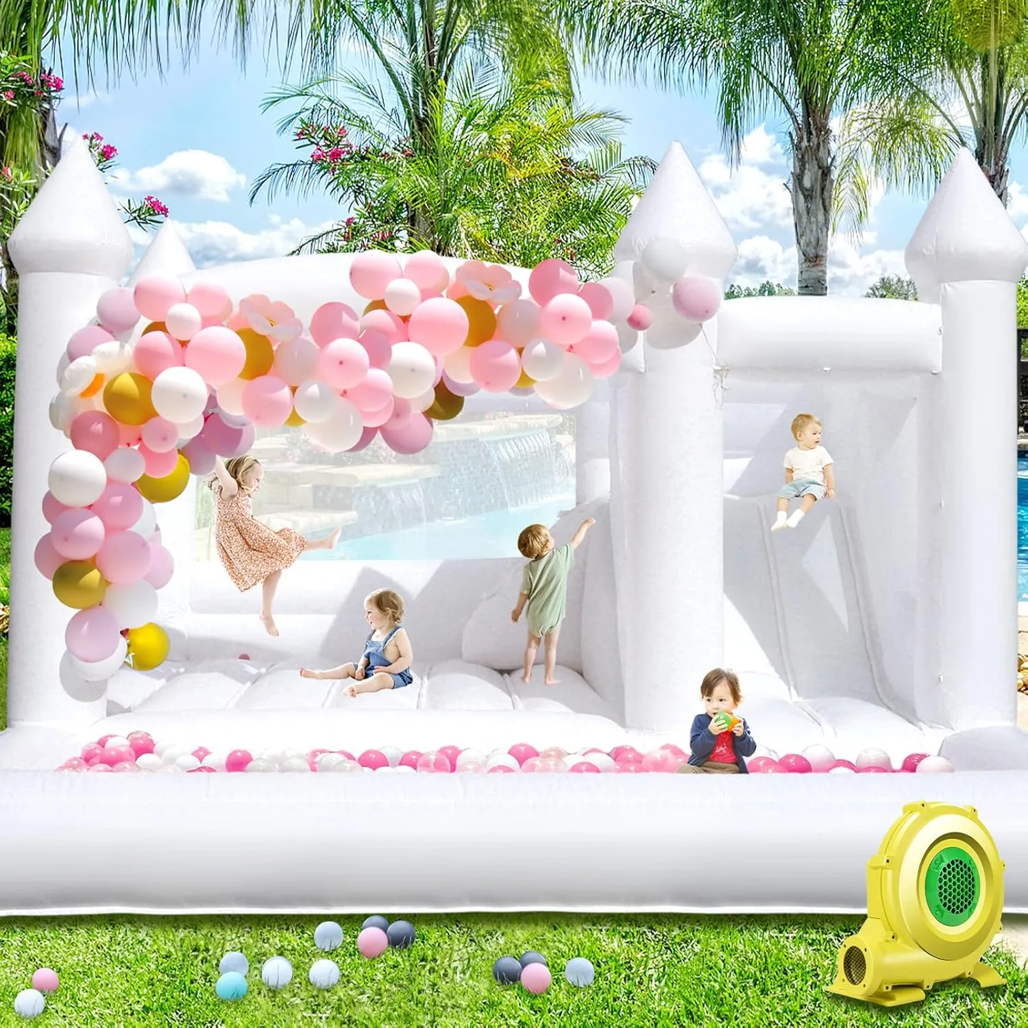 15FT White Bounce House with Slide Ball Pit for Adults Big Kids,100% PVC Commercial Bounce House with 1100W Blower,Large Inflatable Bounce House for Birthday Party Wedding 15ft x 15ft x 10ft