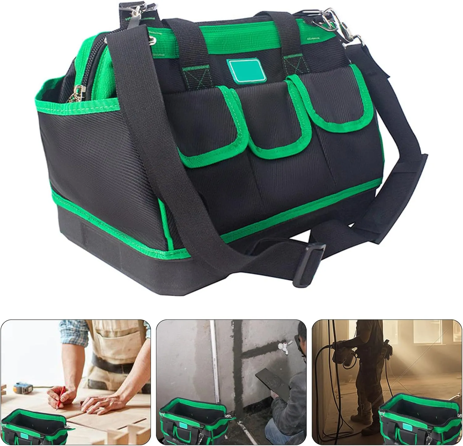 16in/18in/20in Tool Bag Adjustable Shoulder Strap Wide Mouth Tool Bag with 8 Exterior Pockets Rubber Handle