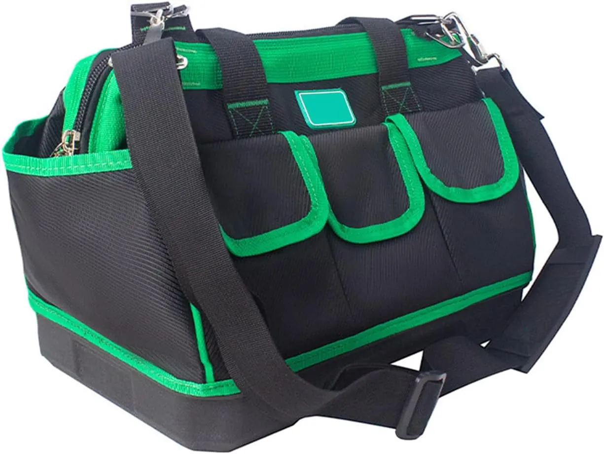 16in/18in/20in Tool Bag Adjustable Shoulder Strap Wide Mouth Tool Bag with 8 Exterior Pockets Rubber Handle