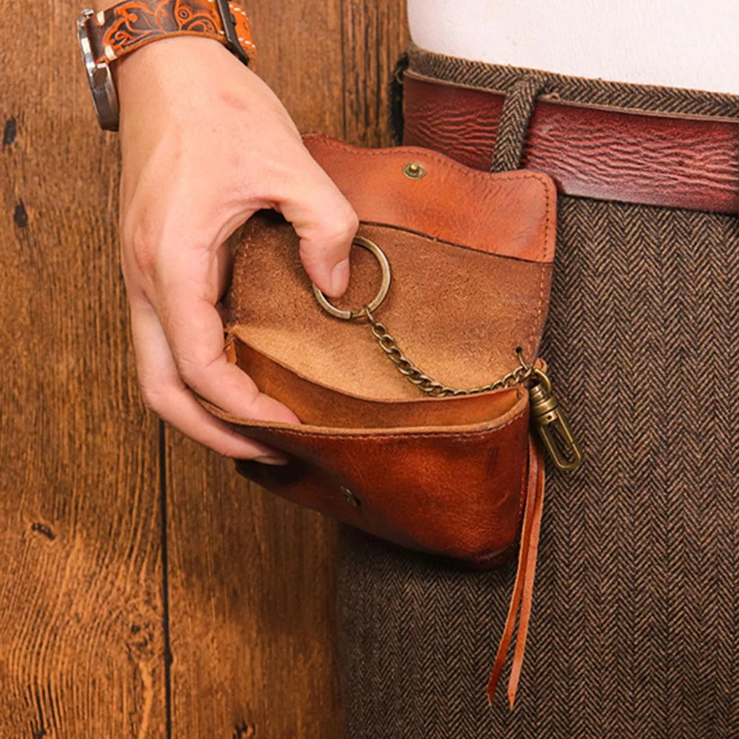 1PCS Leather Change Purse Key Coin Purse in Cowhide Leather Genuine Leather Wallet Coin Purse for Men and Women (Light brown)
