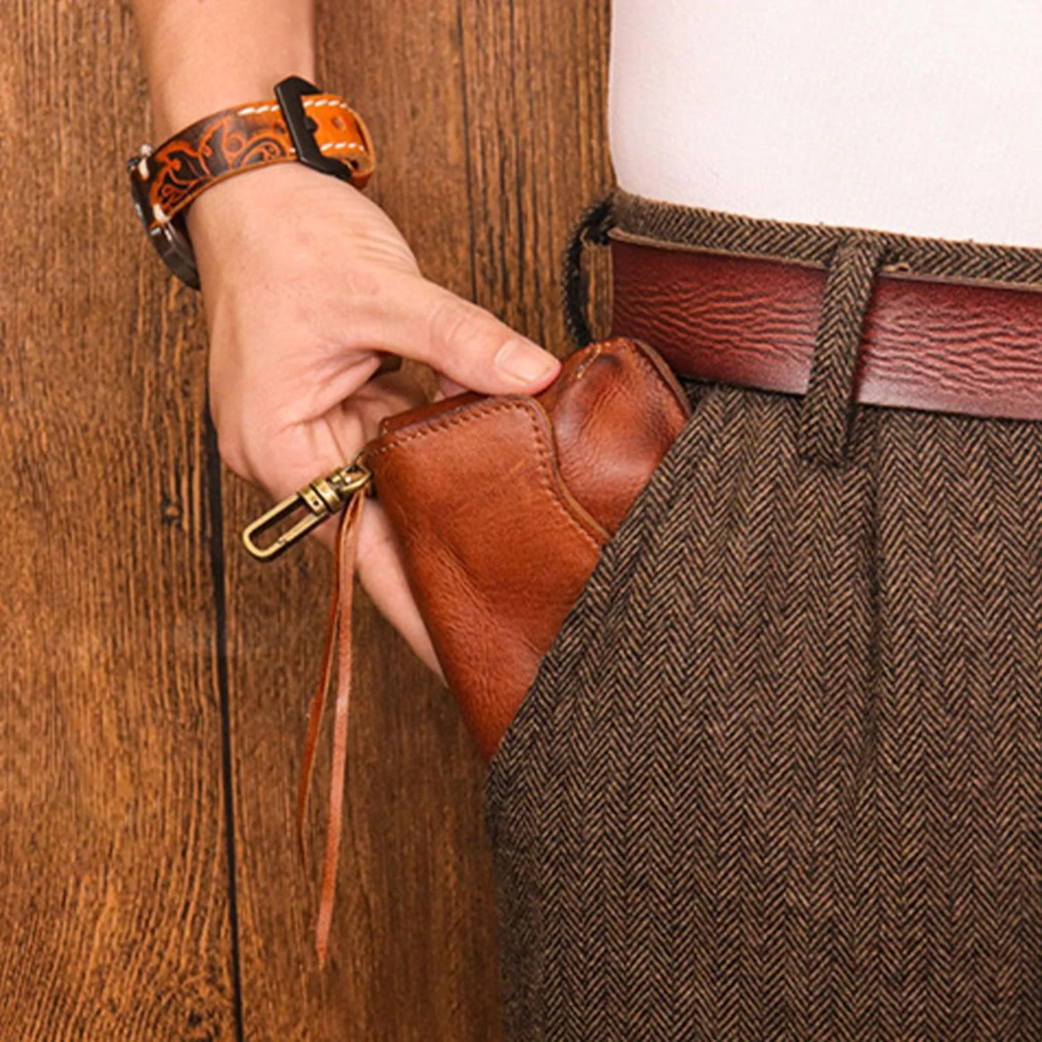 1PCS Leather Change Purse Key Coin Purse in Cowhide Leather Genuine Leather Wallet Coin Purse for Men and Women (Light brown)