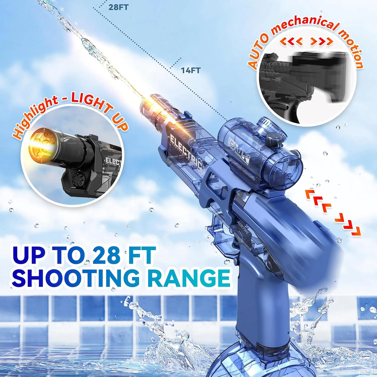 2 Pack Electric Water Guns with Light Up,Full Automatic Electric Squirt Gun 28-32 FT Range Water Pistol Blaster Soaker,Summer Outdoor Pool,Water Toy for Adult&Kid
