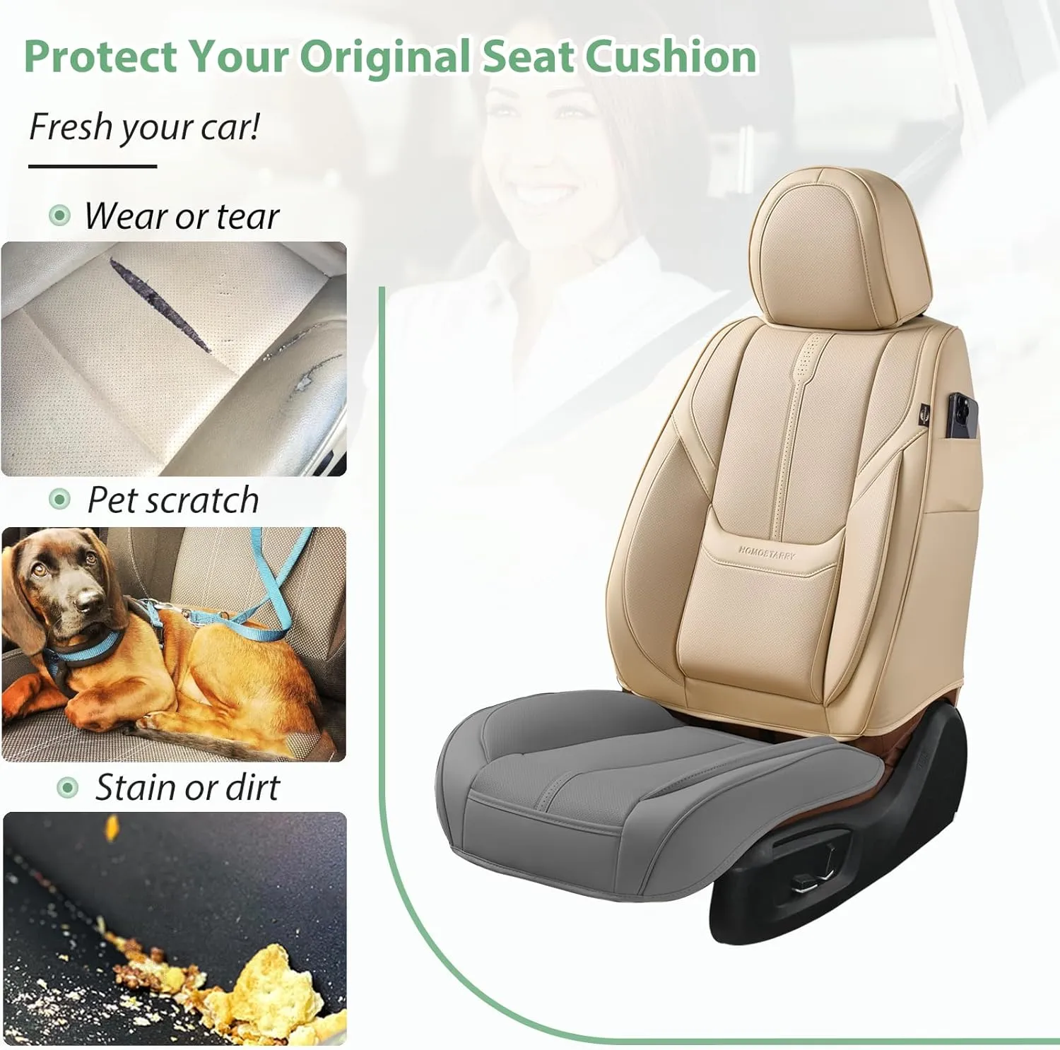 2 Pack Leather Front Car Seat Cover Bottom Only, Anti-Slip Padded Seat Cushion, Full Wrap Seat Protector with Storage Function Universal Fit for Most Cars, SUV, Pick-up Trucks (Grey)