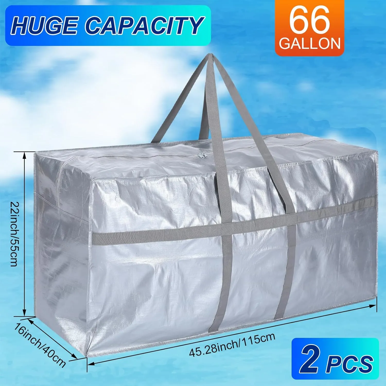 2 Pcs 66 Gallon Large Storage Bags with Zipper and Handles Foldable Moving Bags Heavy Duty Extra Large Tote Duffle Bag for College Dorm Travel Clothes Blankets Bedding Moving(Silvery)
