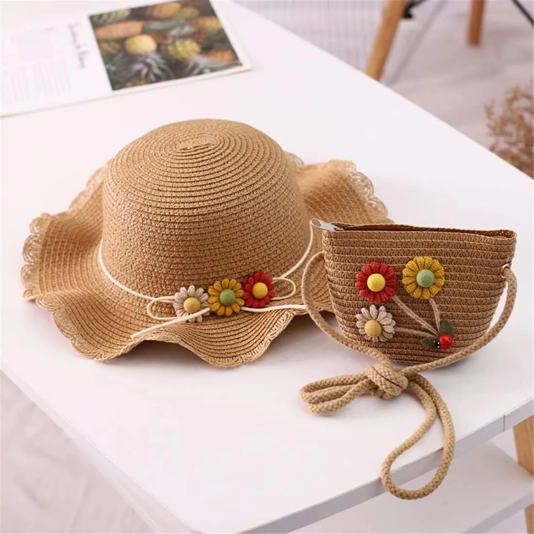 2 Pcs Baby Girls Summer Sun Protection Hats Summer Wide Brim Sun Flower Carrot Beach Cap with Shoulder Bag Set