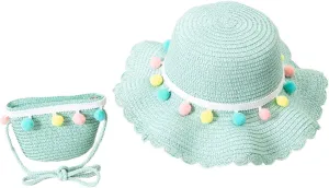 2 Pcs Baby Girls Summer Sun Protection Hats Summer Wide Brim Sun Flower Carrot Beach Cap with Shoulder Bag Set