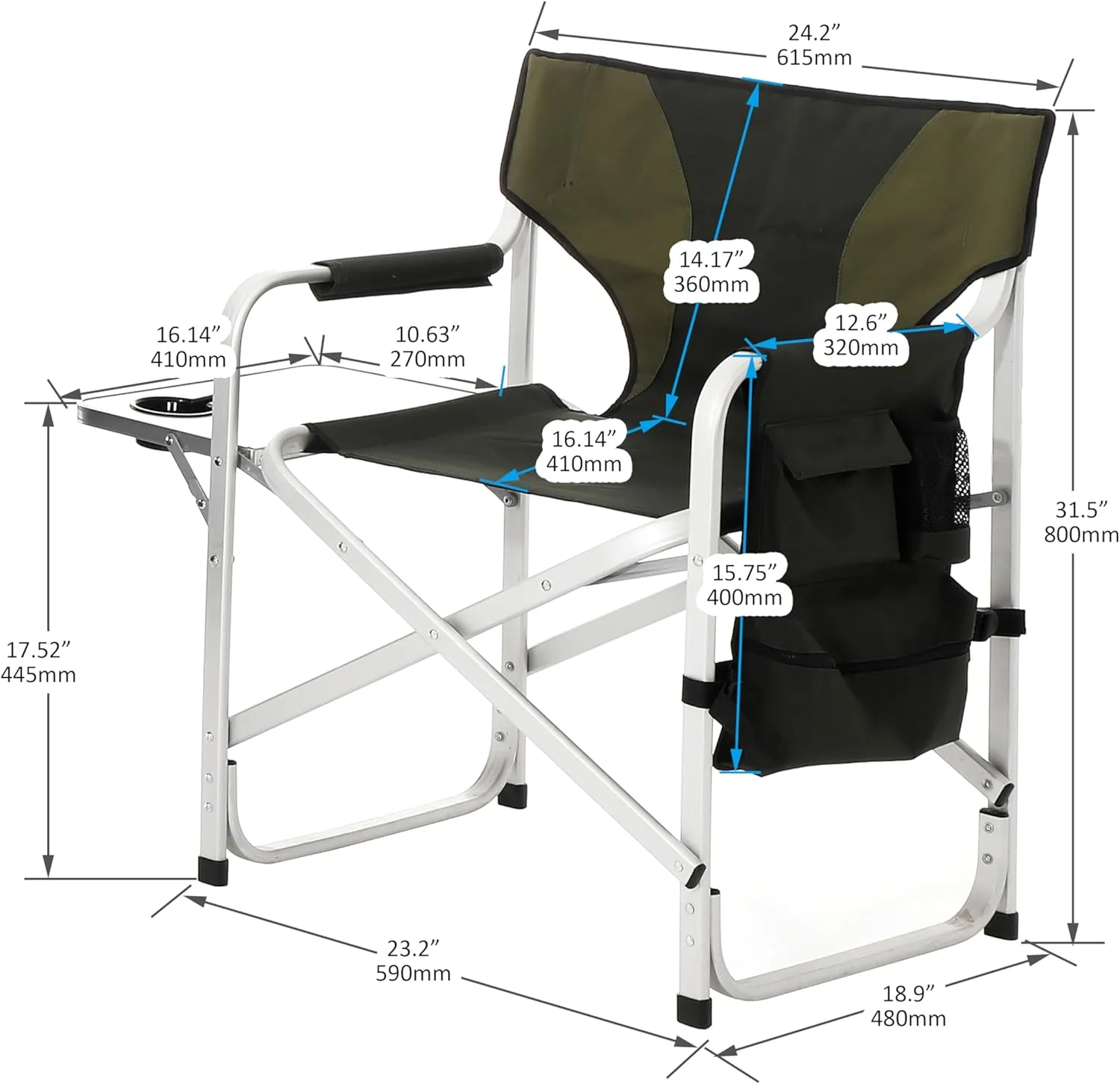 2-Piece Padded Folding Outdoor Chairs with Storage Pockets, Portable Outdoor Camping Chair, Lightweight Oversized Directors Chair for Picnics and Fishing, Green