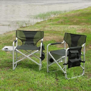 2-Piece Padded Folding Outdoor Chairs with Storage Pockets, Portable Outdoor Camping Chair, Lightweight Oversized Directors Chair for Picnics and Fishing, Green