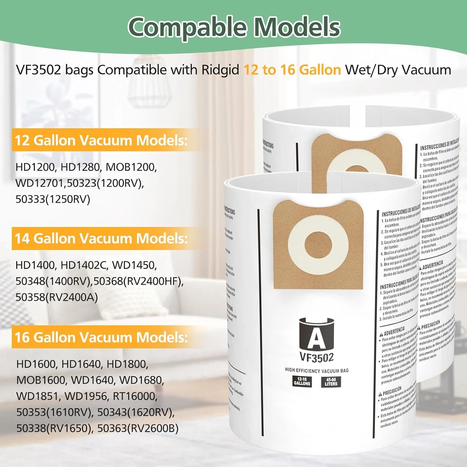 20 Pack 23743 VF3502 Vacuum Bags Compatible with Ridgid 12 to 16 Gallon Wet Dry Vacuums, High Efficiency Replacement Filter Bags for Model WD1950 WD1956 WD1850 WD1851 RV2400HF WD1450 WD1680 WD1270