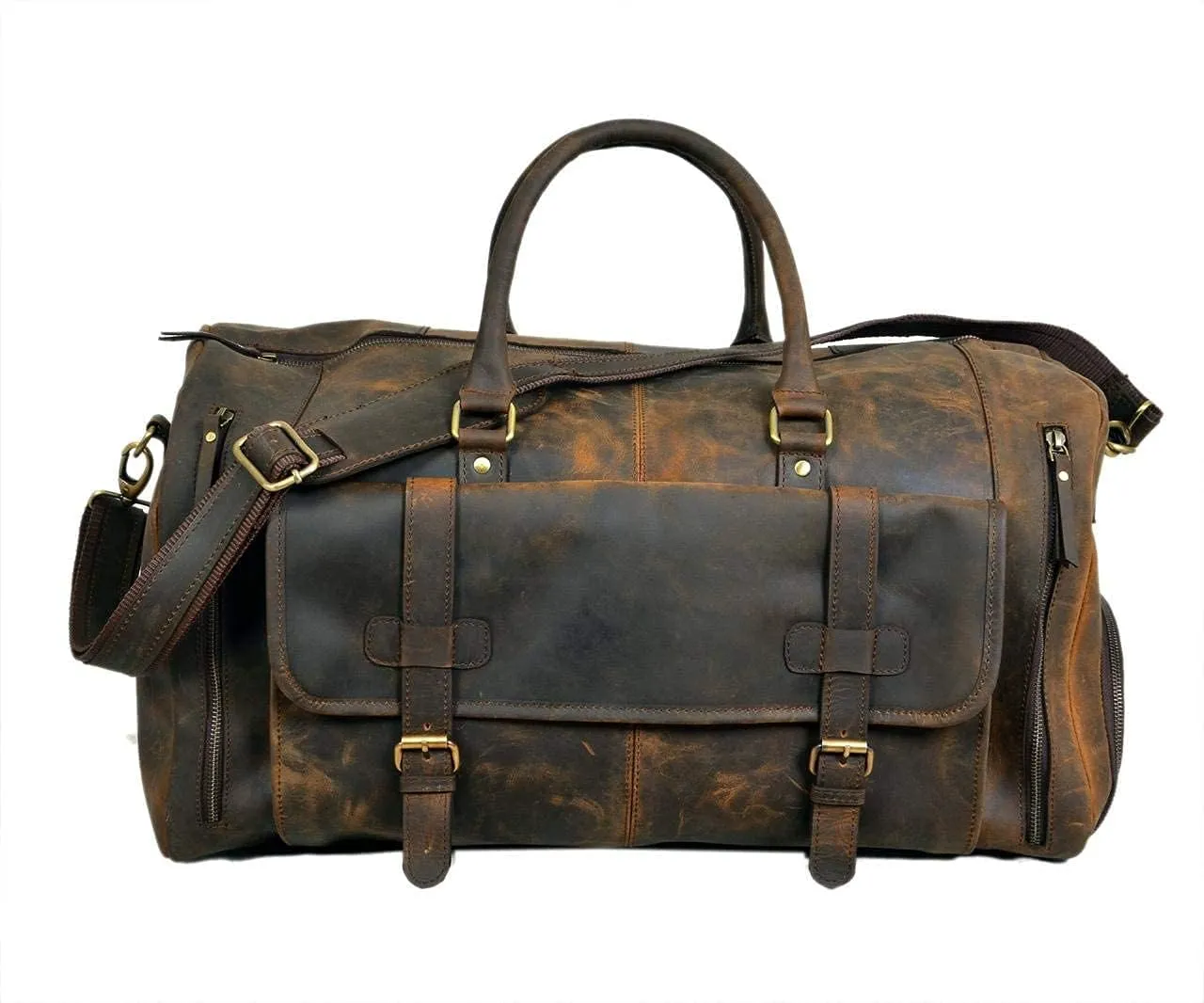 24 Inch Genuine Leather Duffle Bag for Men Travel Overnight Weekender Leather Duffel Bags Sports Gym Duffel for Men and Women Carry On Luggage for Traveling