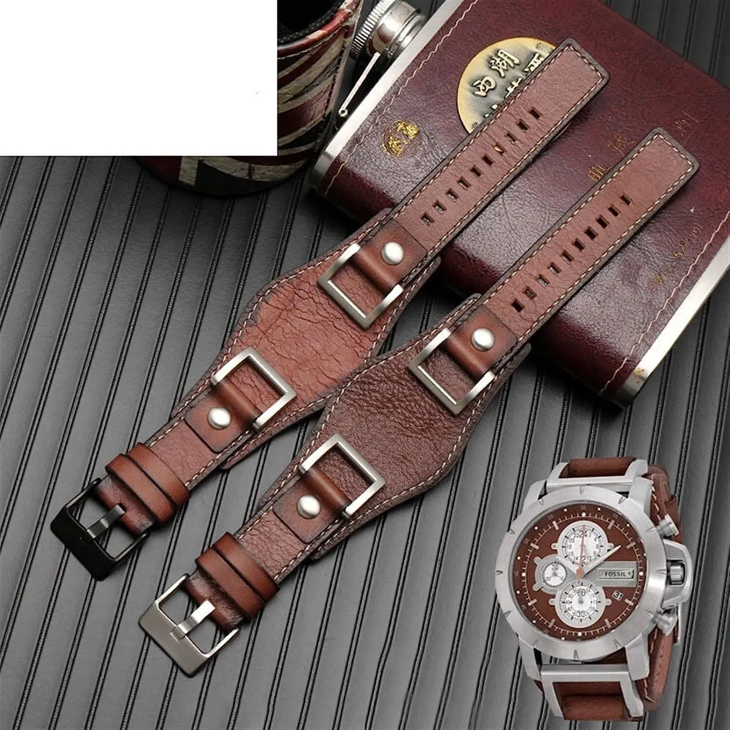 24mm Genuine Leather Watch Band for Fossil JR1157 Vintage Style Strap with Stainless Steel Joint