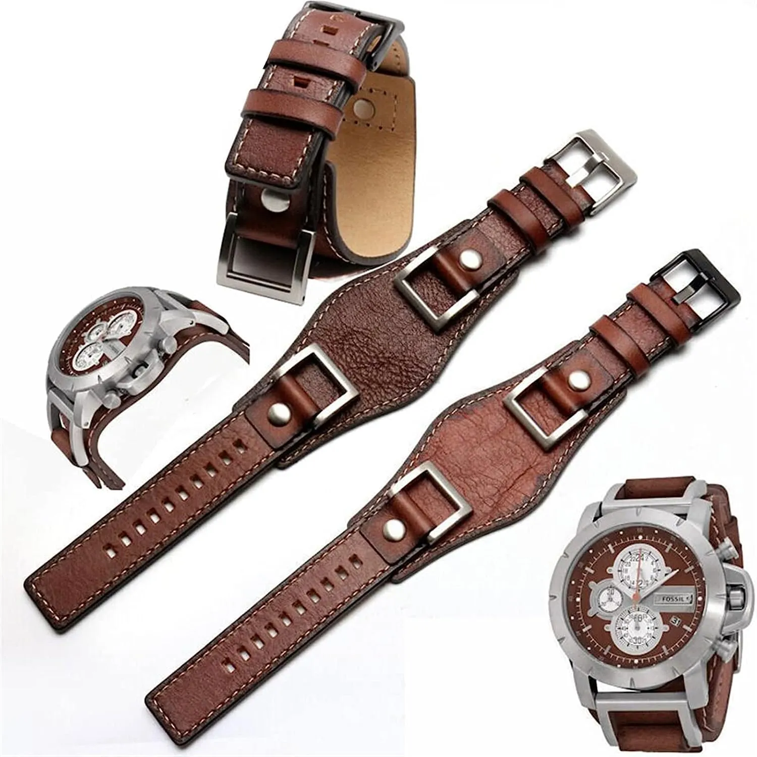 24mm Genuine Leather Watch Band for Fossil JR1157 Vintage Style Strap with Stainless Steel Joint