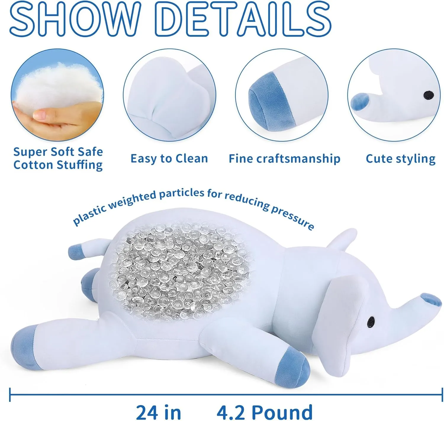 24" | 4.2 Pounds Blue Elephant Weighted Stuffed Animals - Cute Weighted Plush Toy Comfort Weighted Plush Pillow Gifts for Kids & Adults (24" | 4.2 lbs, Blue Elephant)
