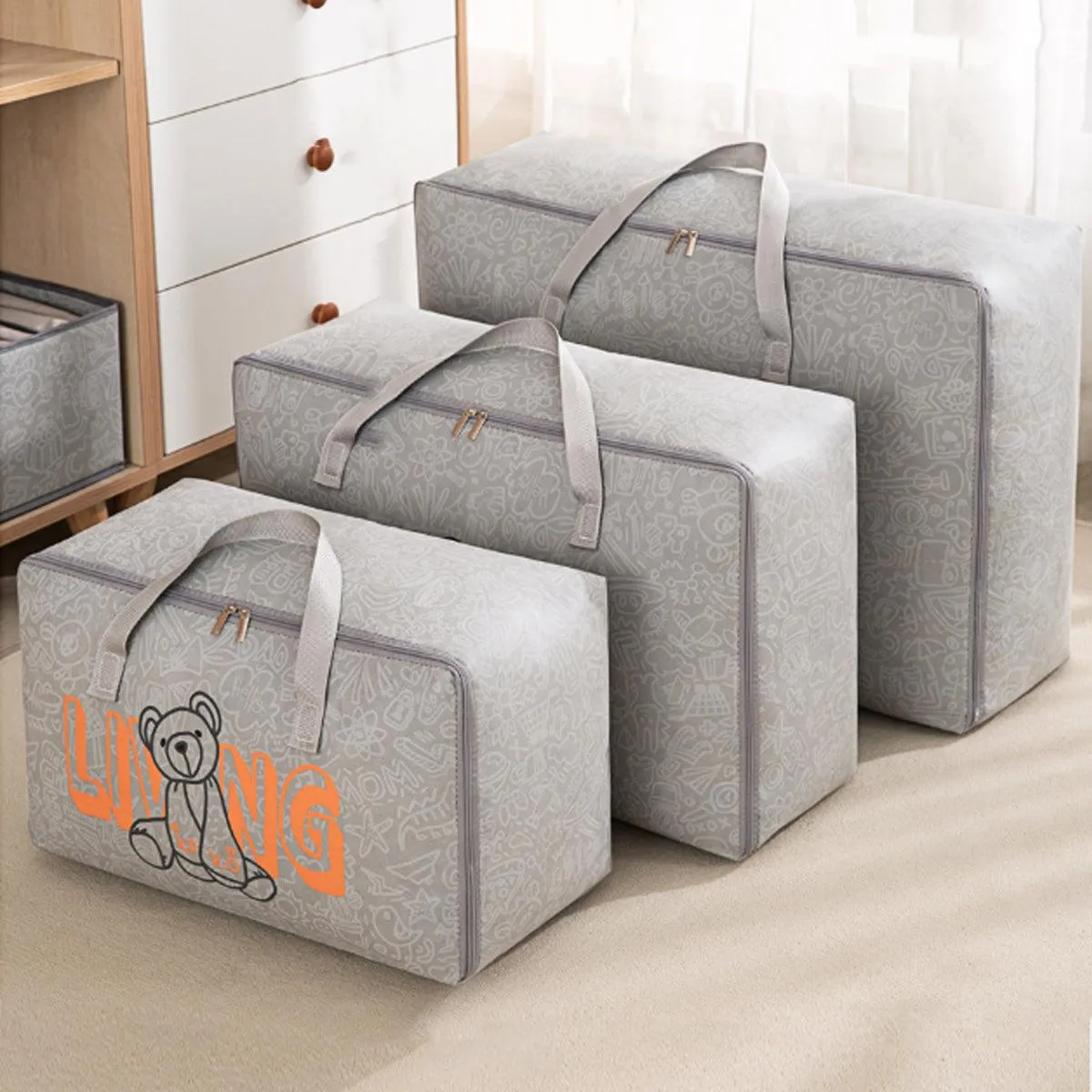 2pcs Cartoon Bear Luggage Organizer Storage Bags Blanket Quilt Closet Box Set