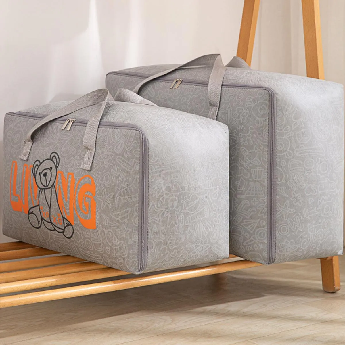 2pcs Cartoon Bear Luggage Organizer Storage Bags Blanket Quilt Closet Box Set