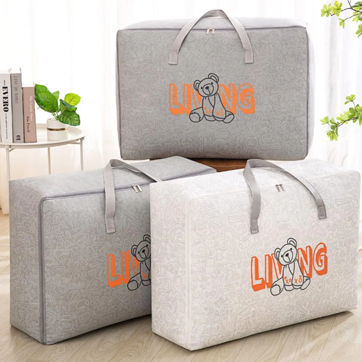 2pcs Cartoon Bear Luggage Organizer Storage Bags Blanket Quilt Closet Box Set
