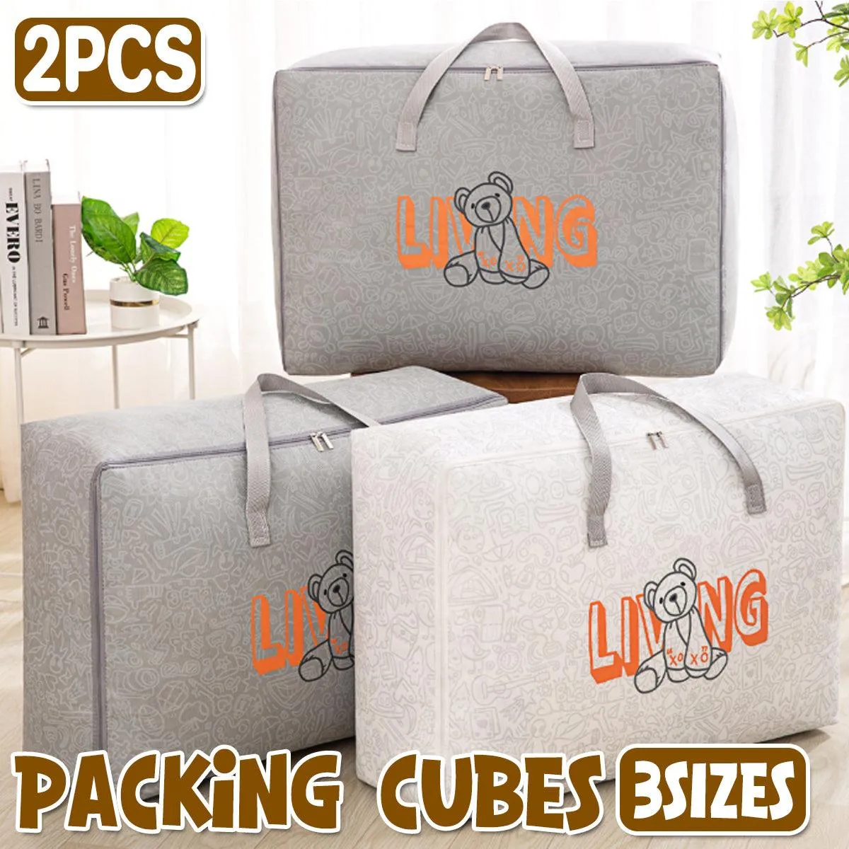 2pcs Cartoon Bear Luggage Organizer Storage Bags Blanket Quilt Closet Box Set