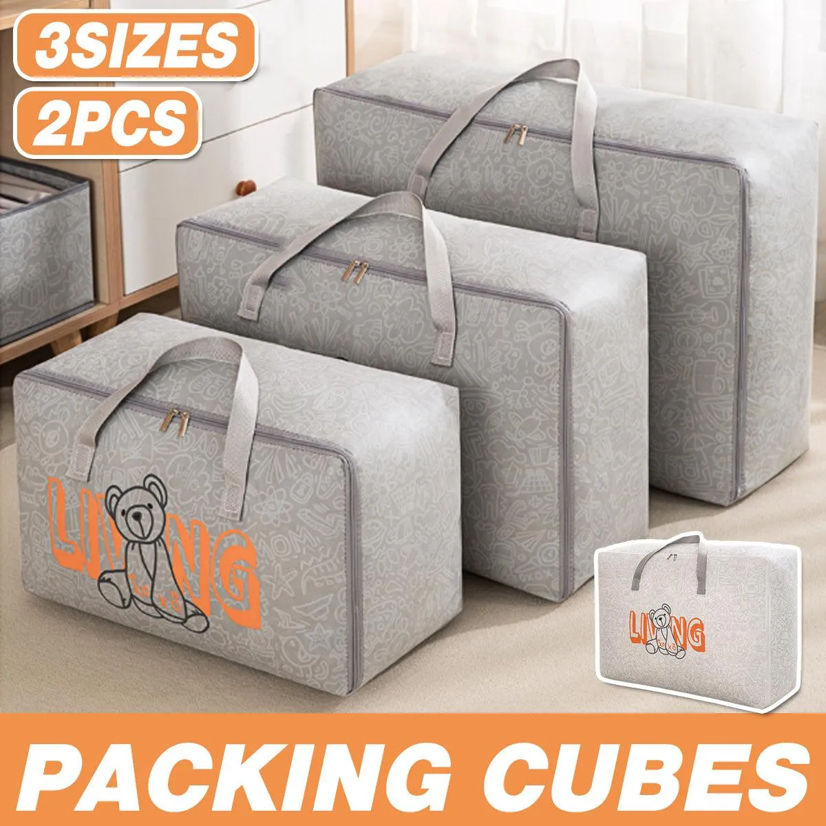 2pcs Cartoon Bear Luggage Organizer Storage Bags Blanket Quilt Closet Box Set