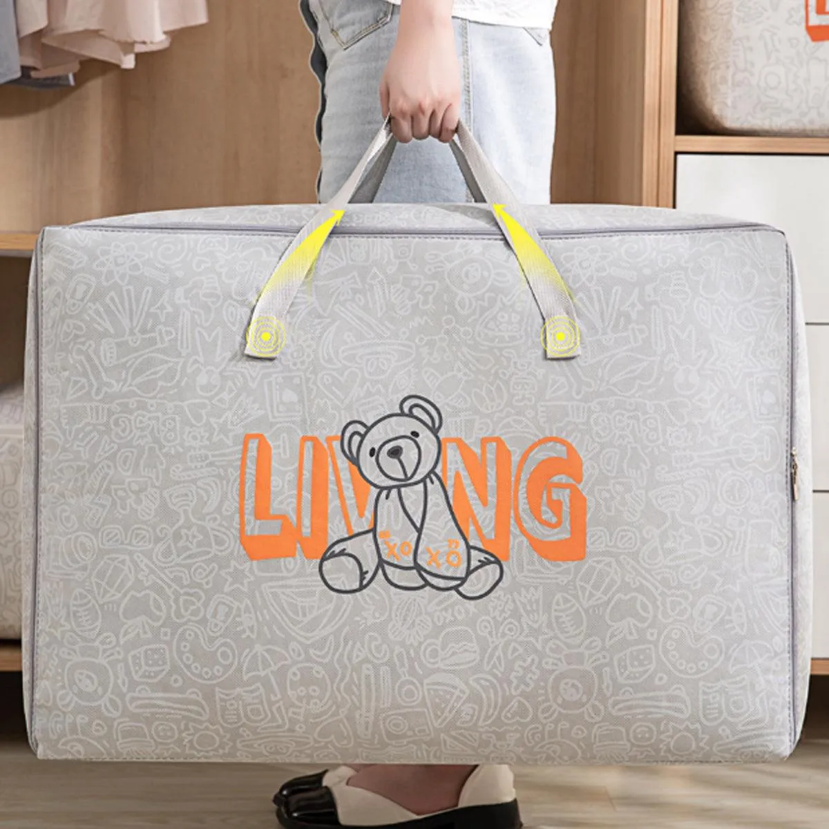 2pcs Cartoon Bear Luggage Organizer Storage Bags Blanket Quilt Closet Box Set