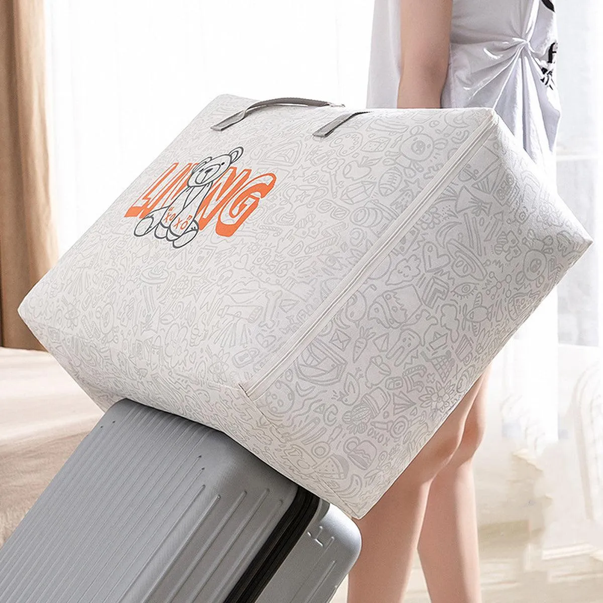 2pcs Cartoon Bear Luggage Organizer Storage Bags Blanket Quilt Closet Box Set