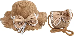 2pcs Girls Sun Hat with Shoulder Bag Set Large Brim Beach Straw Hat Purse UPF50  Cute Lace Travel Party Summer Cap