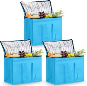3 Pack XL-Large Insulated Reusable Grocery Bags Foldable Cooler Bag Collapsible Shopping Tote for Groceries Stands Upright Storage Bags with Zippered Top and Handles for Food Deliver(Blue)