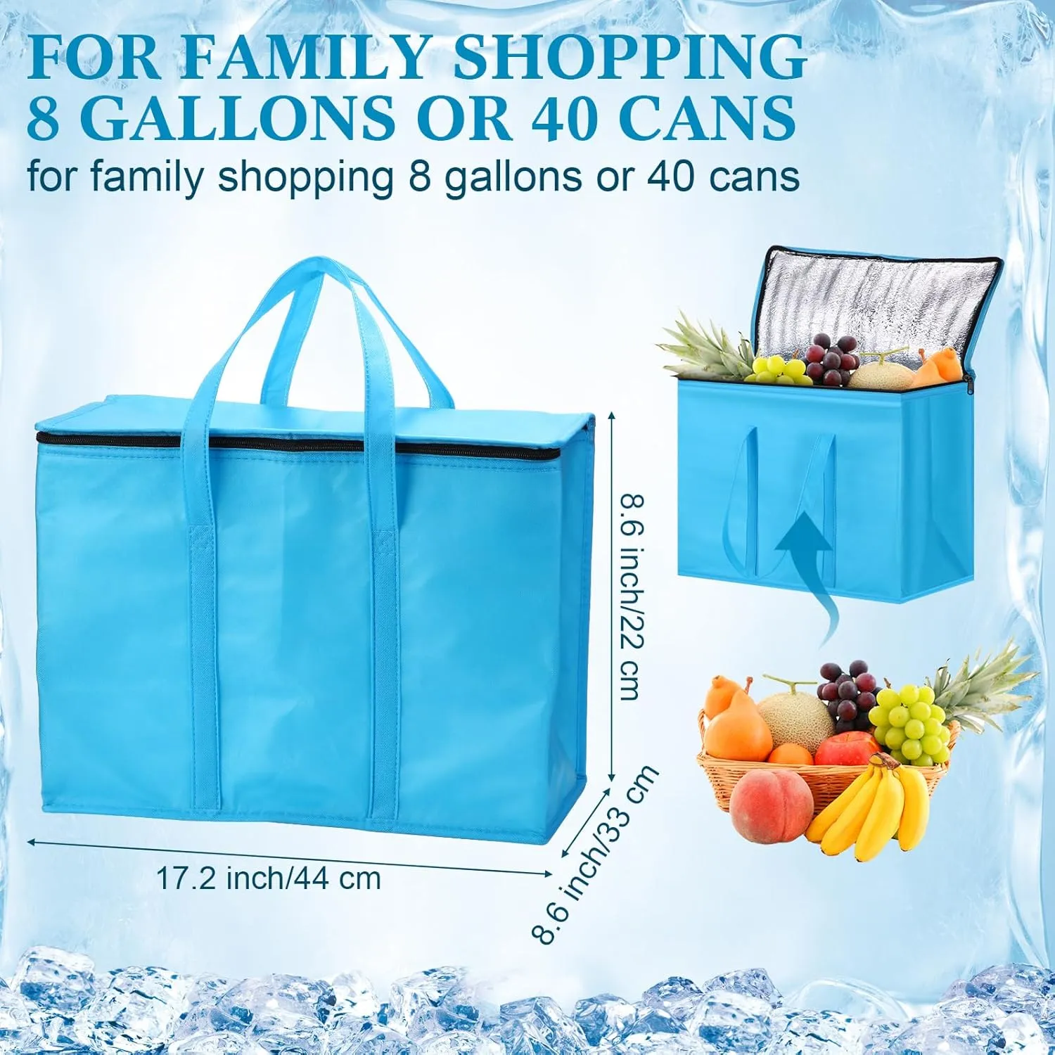 3 Pack XL-Large Insulated Reusable Grocery Bags Foldable Cooler Bag Collapsible Shopping Tote for Groceries Stands Upright Storage Bags with Zippered Top and Handles for Food Deliver(Blue)