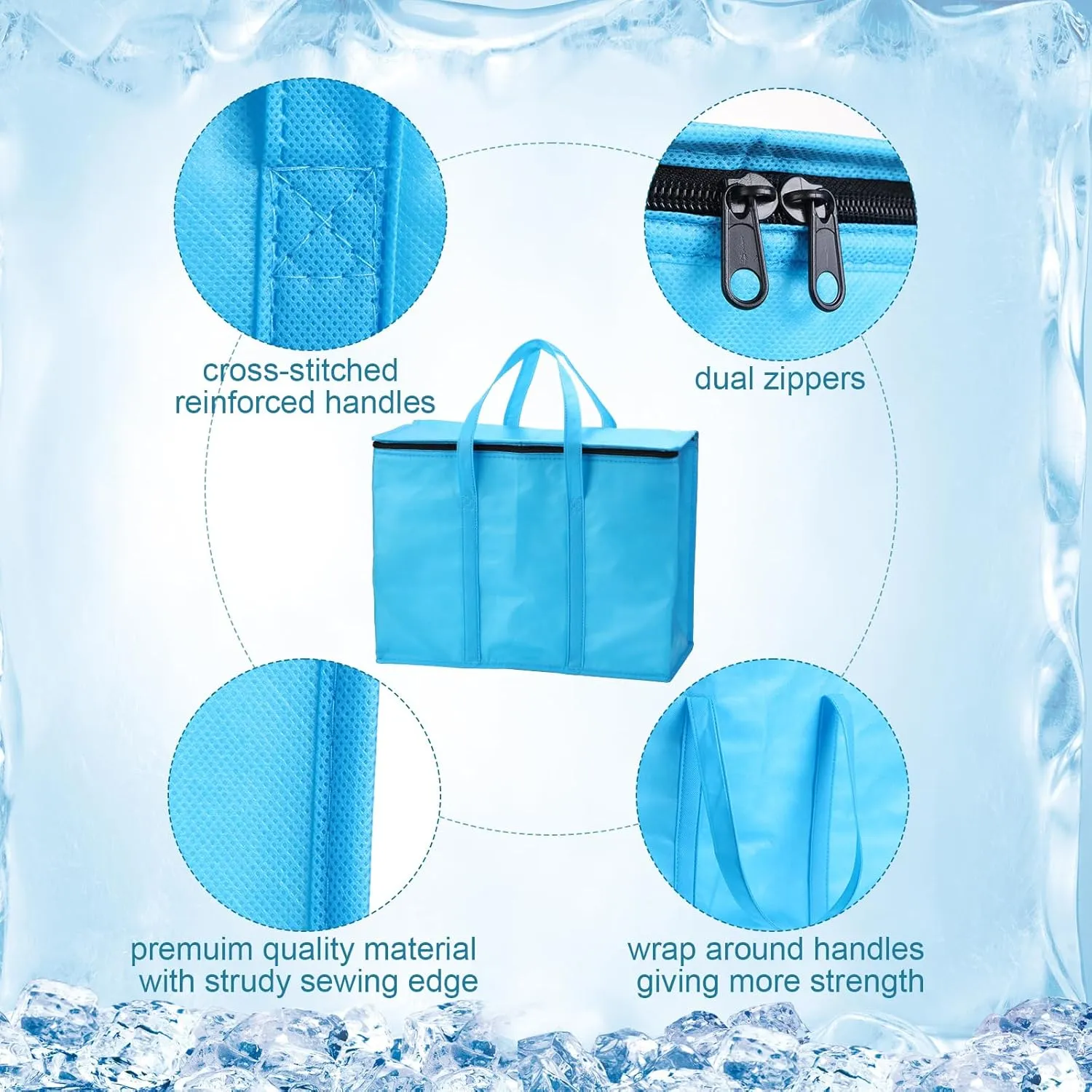 3 Pack XL-Large Insulated Reusable Grocery Bags Foldable Cooler Bag Collapsible Shopping Tote for Groceries Stands Upright Storage Bags with Zippered Top and Handles for Food Deliver(Blue)