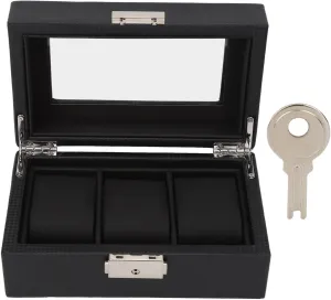 3 Slot Lockable Watch Box, PU Leather Jewelry Storage with Clear Lid, Carbon Texture, Portable Size for Travel, Ideal, Scratch