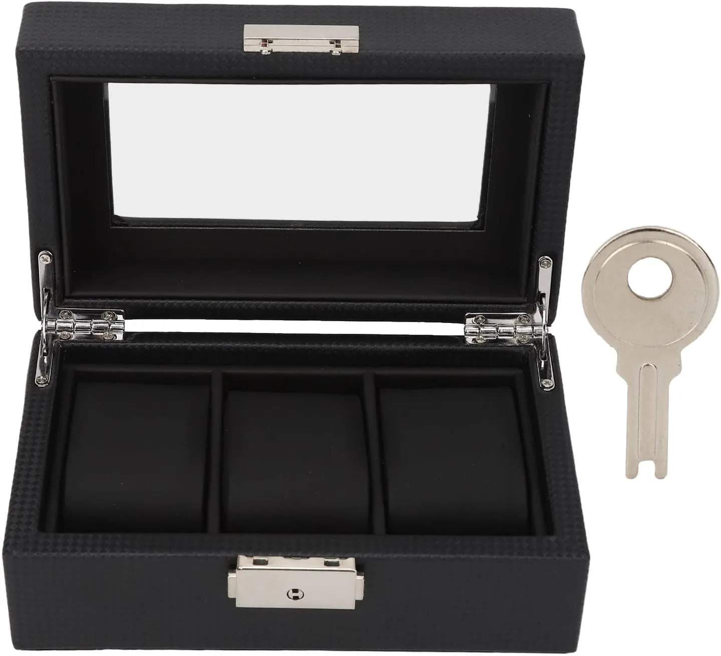 3 Slot Lockable Watch Box, PU Leather Jewelry Storage with Clear Lid, Carbon Texture, Portable Size for Travel, Ideal, Scratch