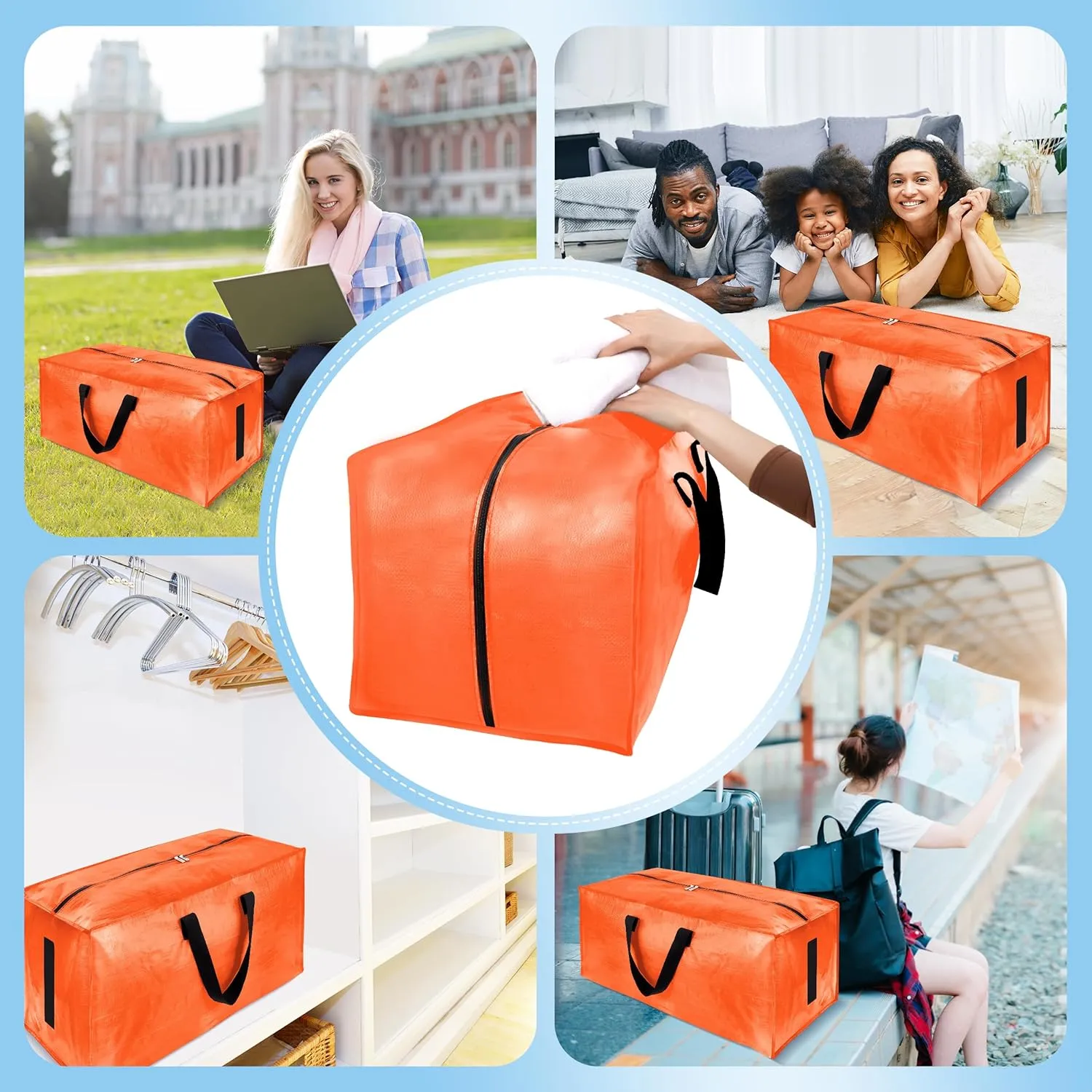 4 Pack Large Strong Moving Bags with Zippers & Carrying Handles - Water-Resistant - Heavy Duty Storage Tote for Space Saving, Fold Flat, Alternative to Moving Box (Orange)
