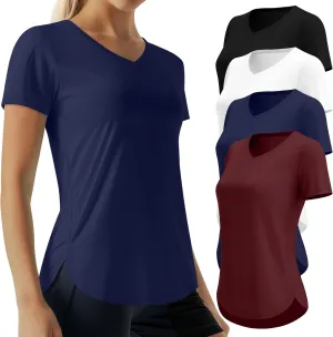 4 Pack Women's Short Sleeve Workout T Shirt Side Slits Curved Hem V Neck Breathable Exercise Tops Quick Dry UV Tee