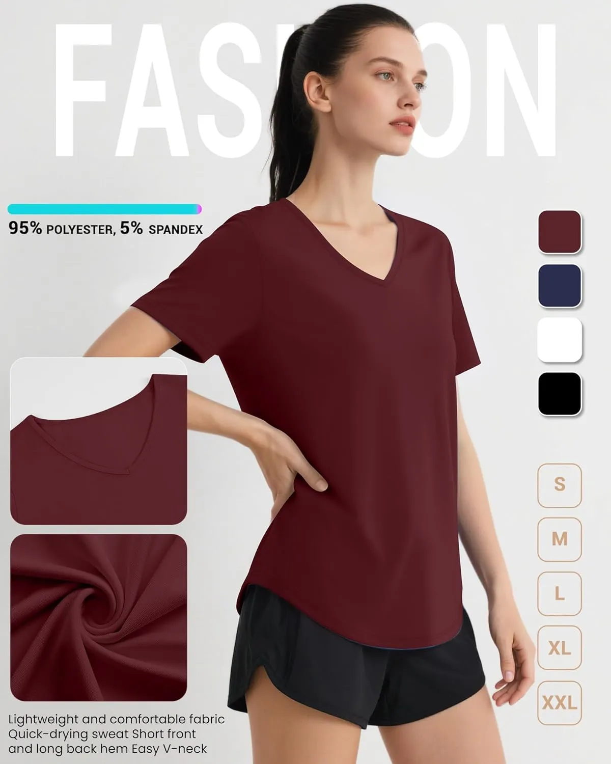 4 Pack Women's Short Sleeve Workout T Shirt Side Slits Curved Hem V Neck Breathable Exercise Tops Quick Dry UV Tee