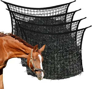 4 Pcs Slow Feed Hay Net, 31''H x 35''L Large Capacity Horse Feed Bag, Horse Feed Bag Easy to Hang, Hay Nets for Horses for Horse Feeder Full Day Feeding Horses Goat Stall Trailer (Black)