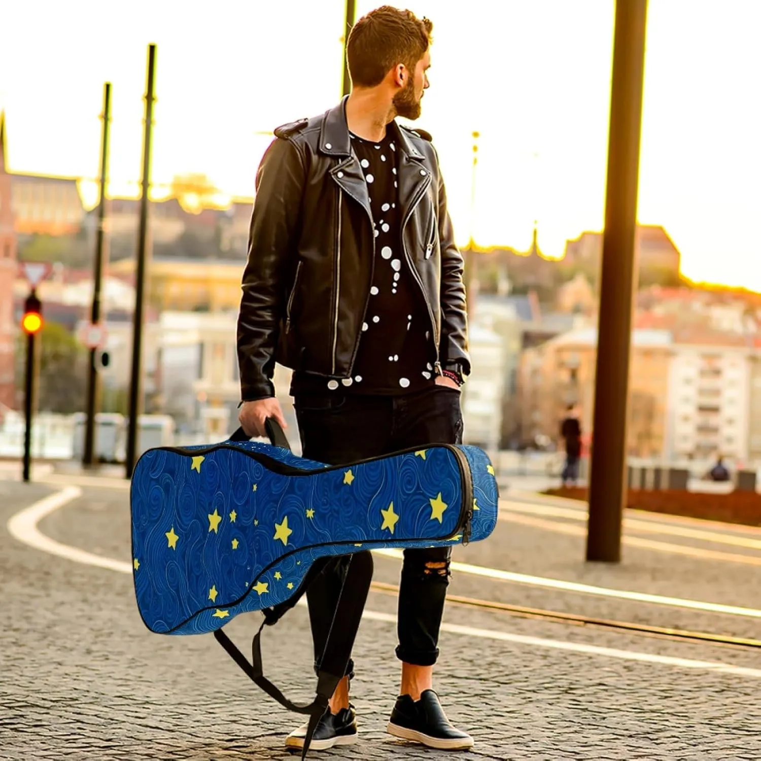 40/41/42-inch Starry Sky Art Acoustic Guitar Bag With Adjustable Shoulder Strap And 2 Storage Bags. Guitar Bag With Back Hanging Loop, Electric, and Classical Guitars