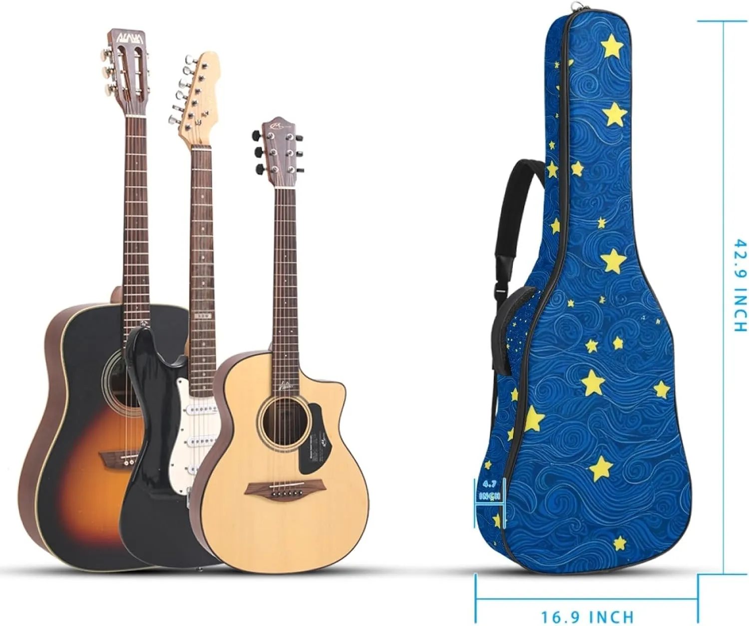 40/41/42-inch Starry Sky Art Acoustic Guitar Bag With Adjustable Shoulder Strap And 2 Storage Bags. Guitar Bag With Back Hanging Loop, Electric, and Classical Guitars