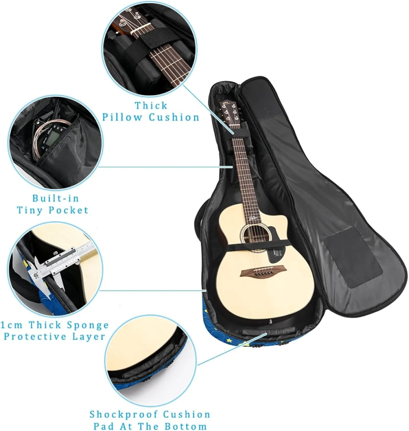 40/41/42-inch Starry Sky Art Acoustic Guitar Bag With Adjustable Shoulder Strap And 2 Storage Bags. Guitar Bag With Back Hanging Loop, Electric, and Classical Guitars