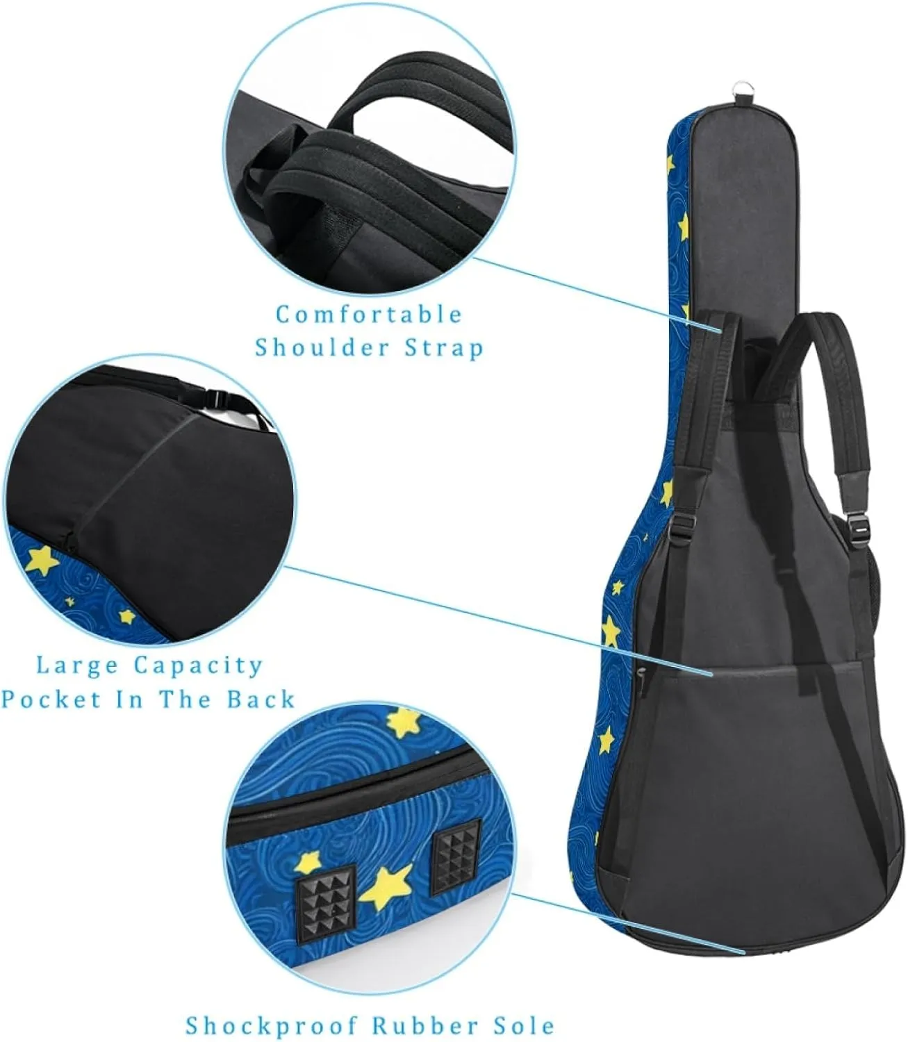 40/41/42-inch Starry Sky Art Acoustic Guitar Bag With Adjustable Shoulder Strap And 2 Storage Bags. Guitar Bag With Back Hanging Loop, Electric, and Classical Guitars