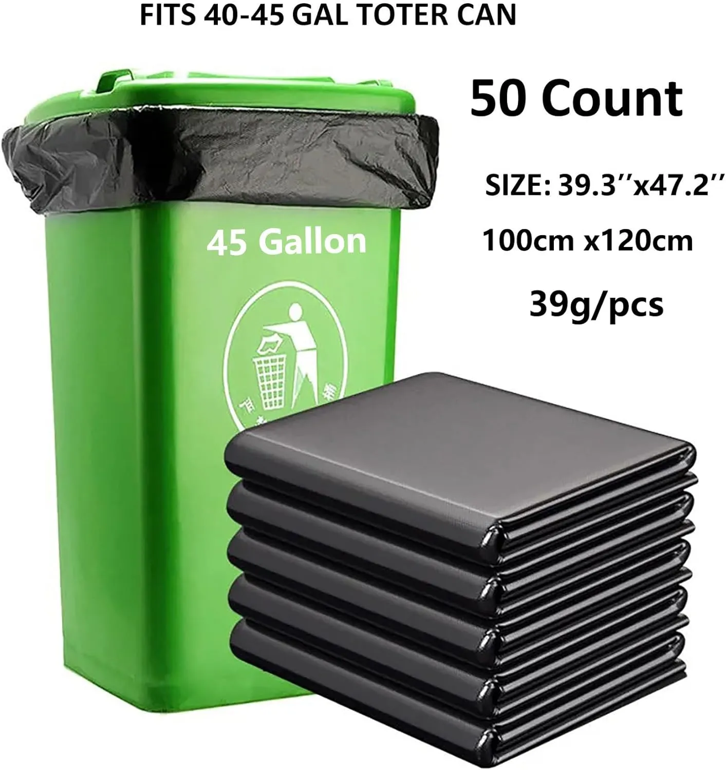 45 Gallon Trash Bags 1.8 Mil -39.3''x47.2'' Pack of 50 Thick Large Heavy Duty Multi-Use Garbage Bags Extra Large Strong Trash Can Liners for Office, Picnic,Kitchen, Bulk Bags (45 Gallon 50 Count)