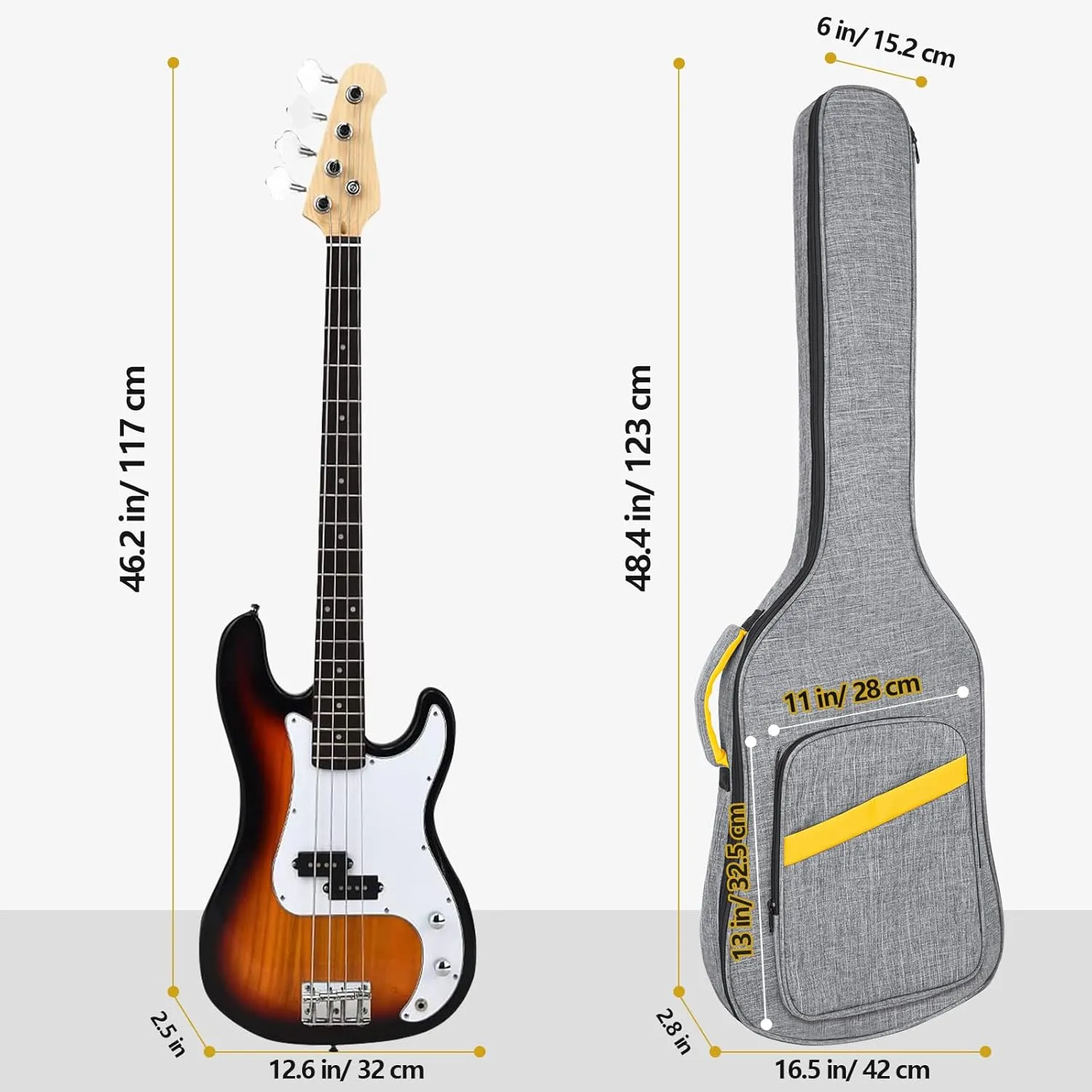 47 Inch Bass Guitar Gig Bag 0.38 Inch Thick Padding Backpack Soft Bass Case Dual Adjustable Shoulder Strap Pocket & Neck Strap Gray