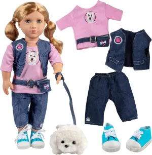 7pc Dog Walker Outfit w Pet Puppy- 18" Doll Clothes & Accessories Compatible w American Girl Dolls- Set Includes T-Shirt, Vest, Pants, Belt, Shoes, Dog Plush & Leash- Gifts for Girls & Doll Collectors