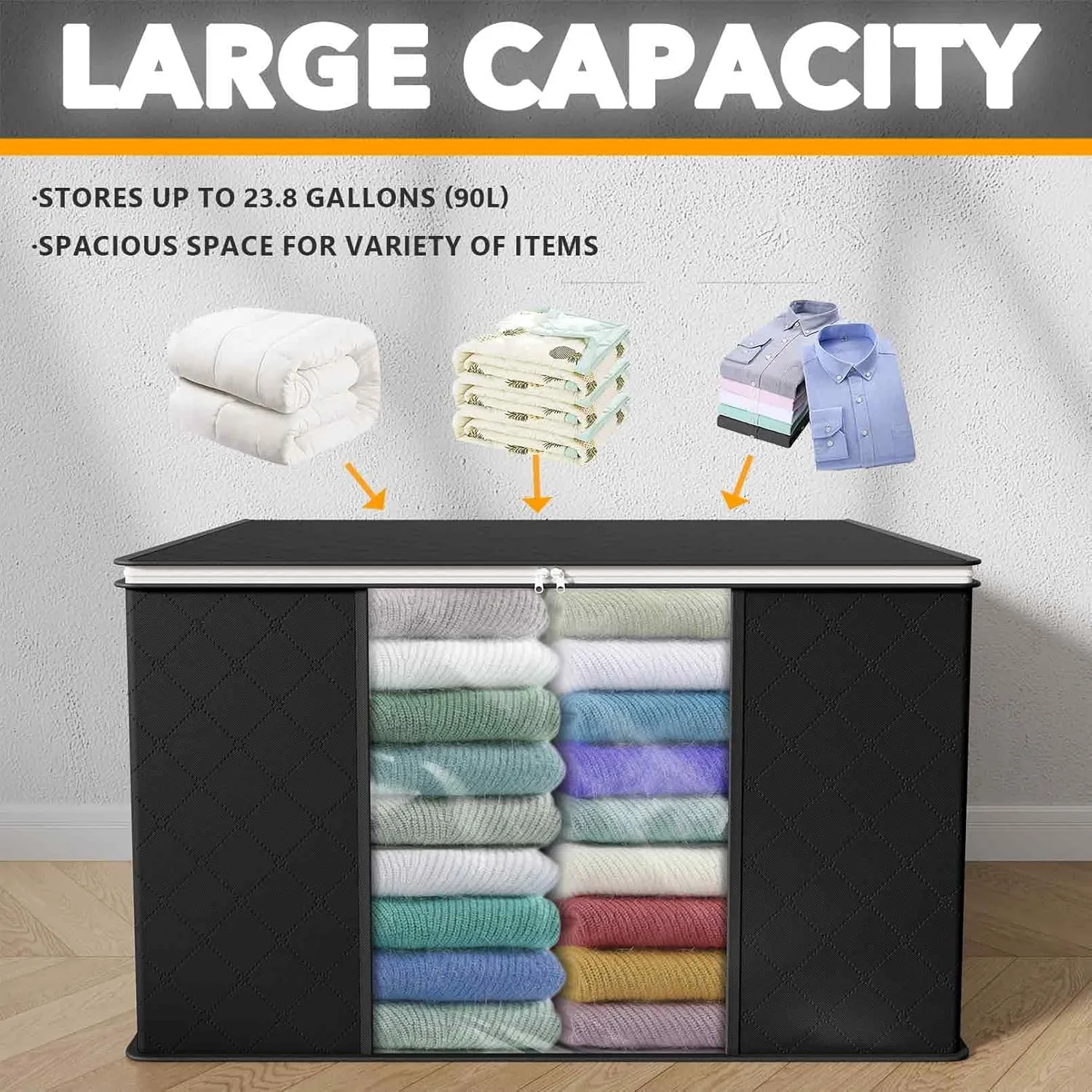 8 Pack 90L Large Storage Bins Black